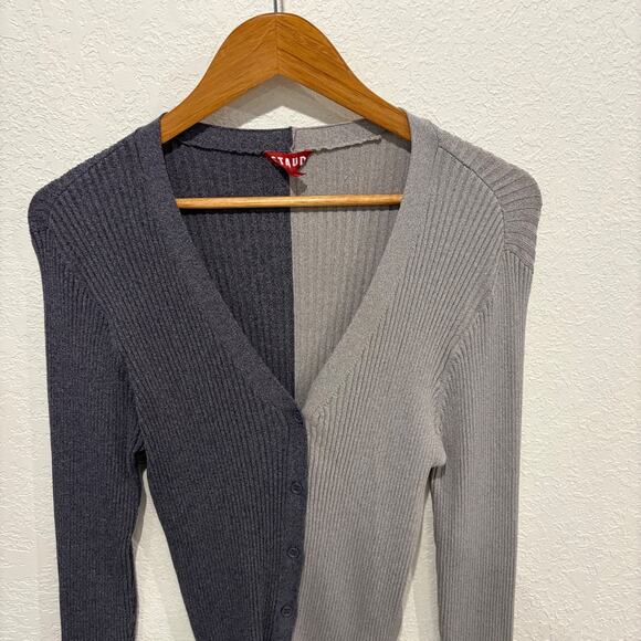 Staud Grey & Taupe Cargo Cardigan Colorblock Ribbed V-neck Sweater Large - Picture 4 of 7